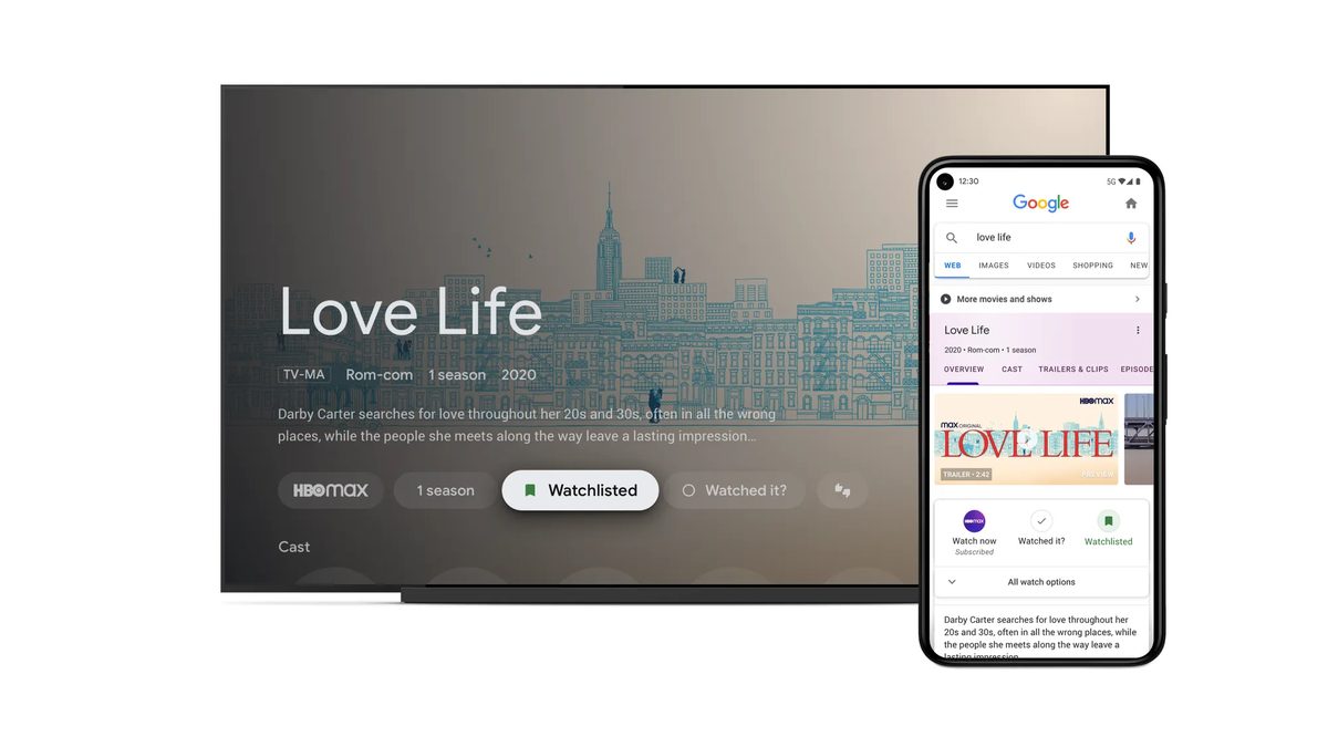 Imagem oficial do Google TV com a página de uma série na TV e na Busca do celular, as duas com o botão da lista de interesses marcado