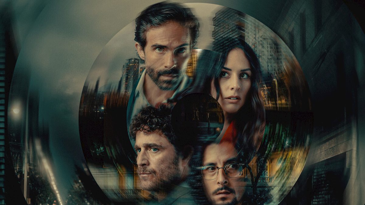 Quatro rostos de personagens dentro de um círculo sobre uma rua noturna, em imagem de divulgação de Dentro do Círculo na Netflix