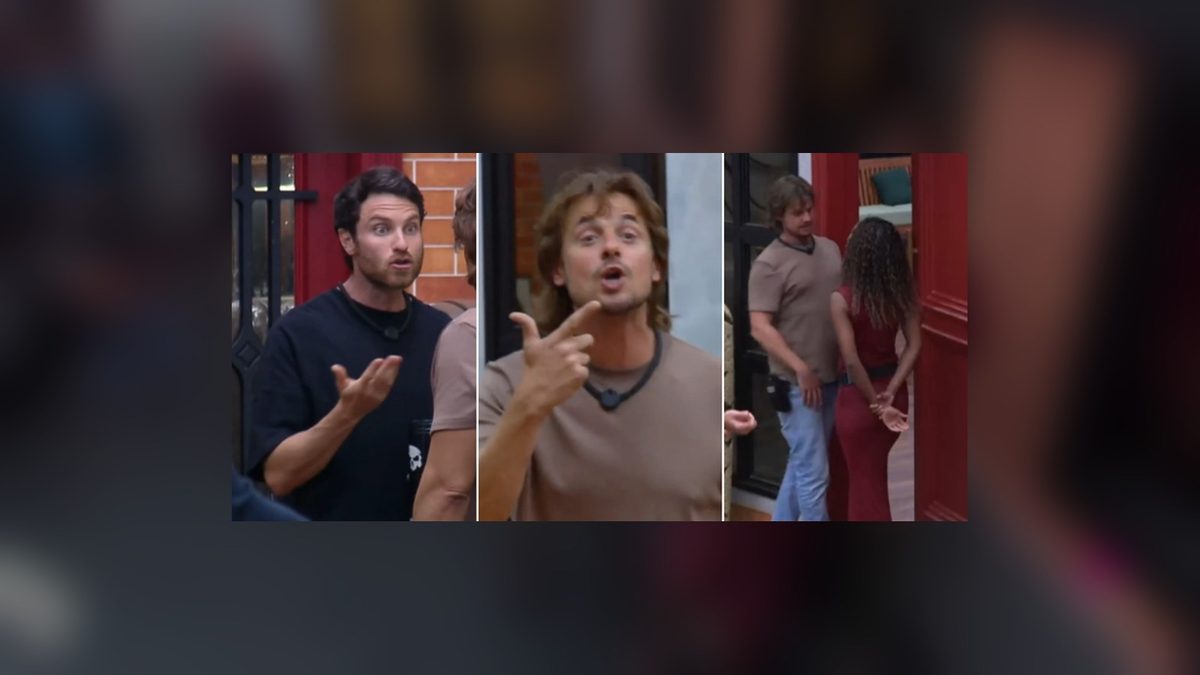 Quadros da discussão na sede de A Fazenda 18 em montagem da Record: dois peões gesticulam em close e outro par conversa de costas