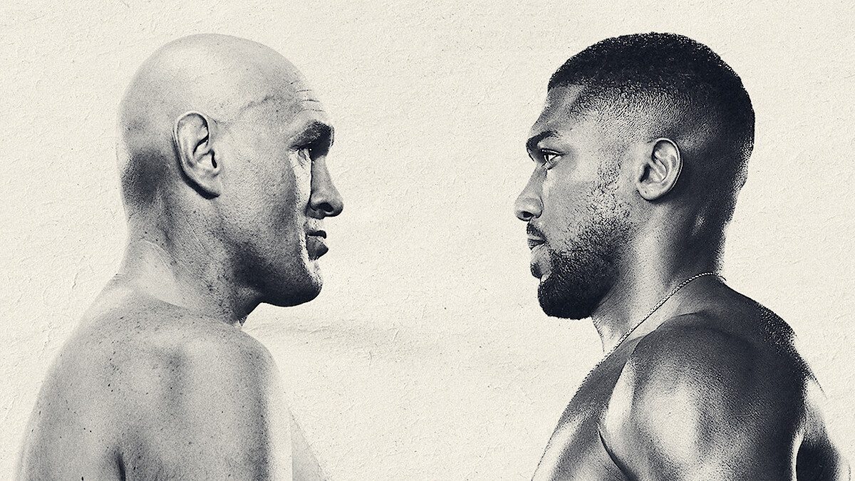 Tyson Fury e Anthony Joshua frente a frente, sem camisa, em imagem de divulgação da luta transmitida ao vivo pela Netflix