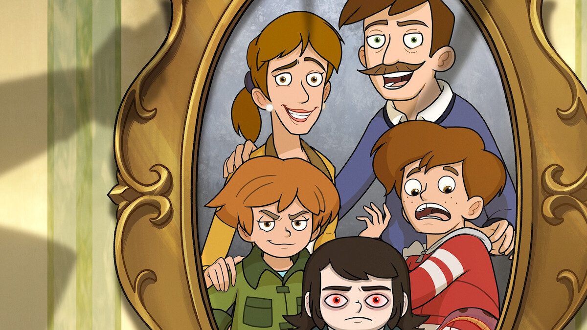 Arte de divulgação de Hotel Assombrado: retrato de família em moldura oval com cinco personagens animados, entre eles uma menina de olhos vermelhos e um menino assustado