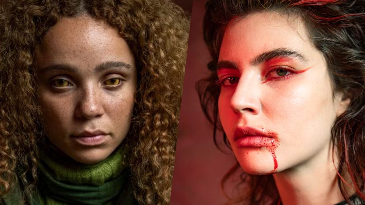 Letícia Vieira, a lobimoça Luna, e Alanis Guillen, a vampira Flora, com sangue no canto da boca, em foto de divulgação da 2ª temporada de Vermelho Sangue